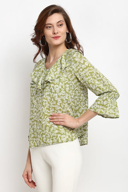Green Medium Length Tie- Up Rayon Crepe Blouse