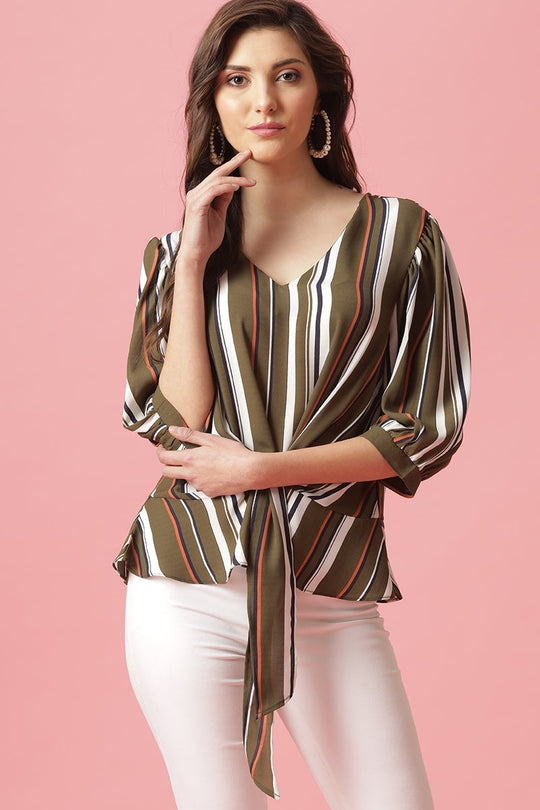 Gipsy Olive Medium Length V-Neck Polyester Blouse