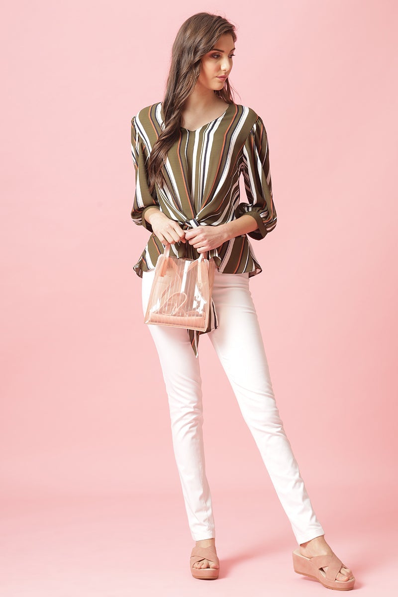 Gipsy Olive Medium Length V-Neck Polyester Blouse