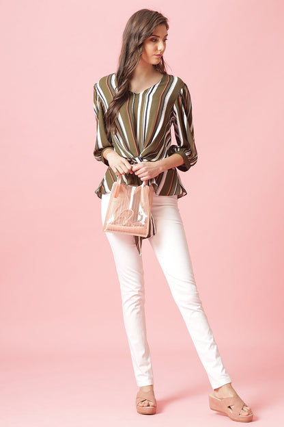 Gipsy Olive Medium Length V-Neck Polyester Blouse