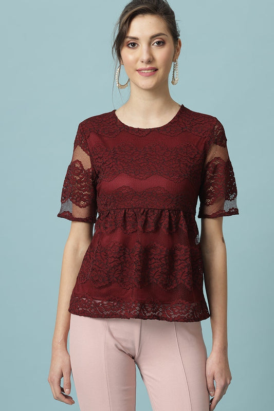 Gipsy Maroon Medium Length Round Neck Polyester Blouse