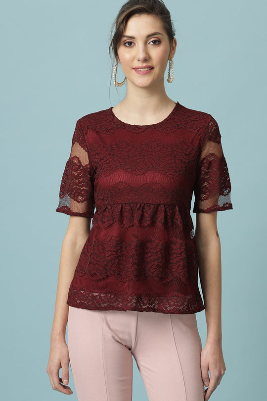 Gipsy Maroon Medium Length Round Neck Polyester Blouse