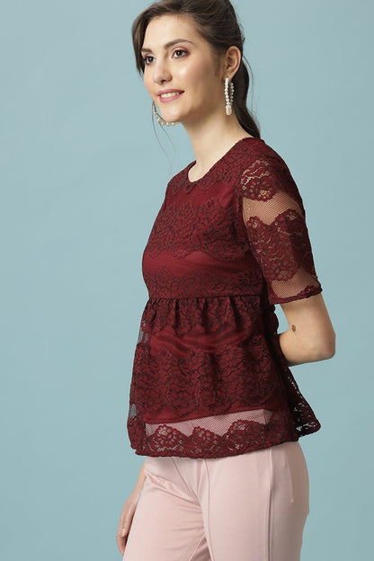 Gipsy Maroon Medium Length Round Neck Polyester Blouse