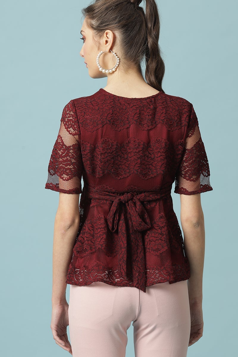 Gipsy Maroon Medium Length Round Neck Polyester Blouse