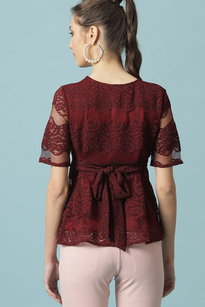 Gipsy Maroon Medium Length Round Neck Polyester Blouse