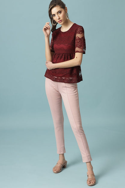 Gipsy Maroon Medium Length Round Neck Polyester Blouse
