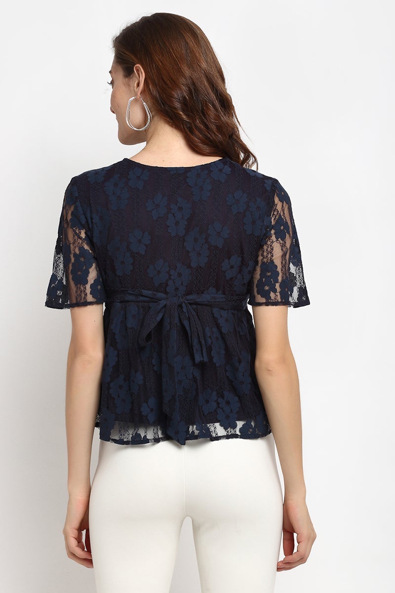 Navy Blue Medium Length Round Neck Polyester Blouse