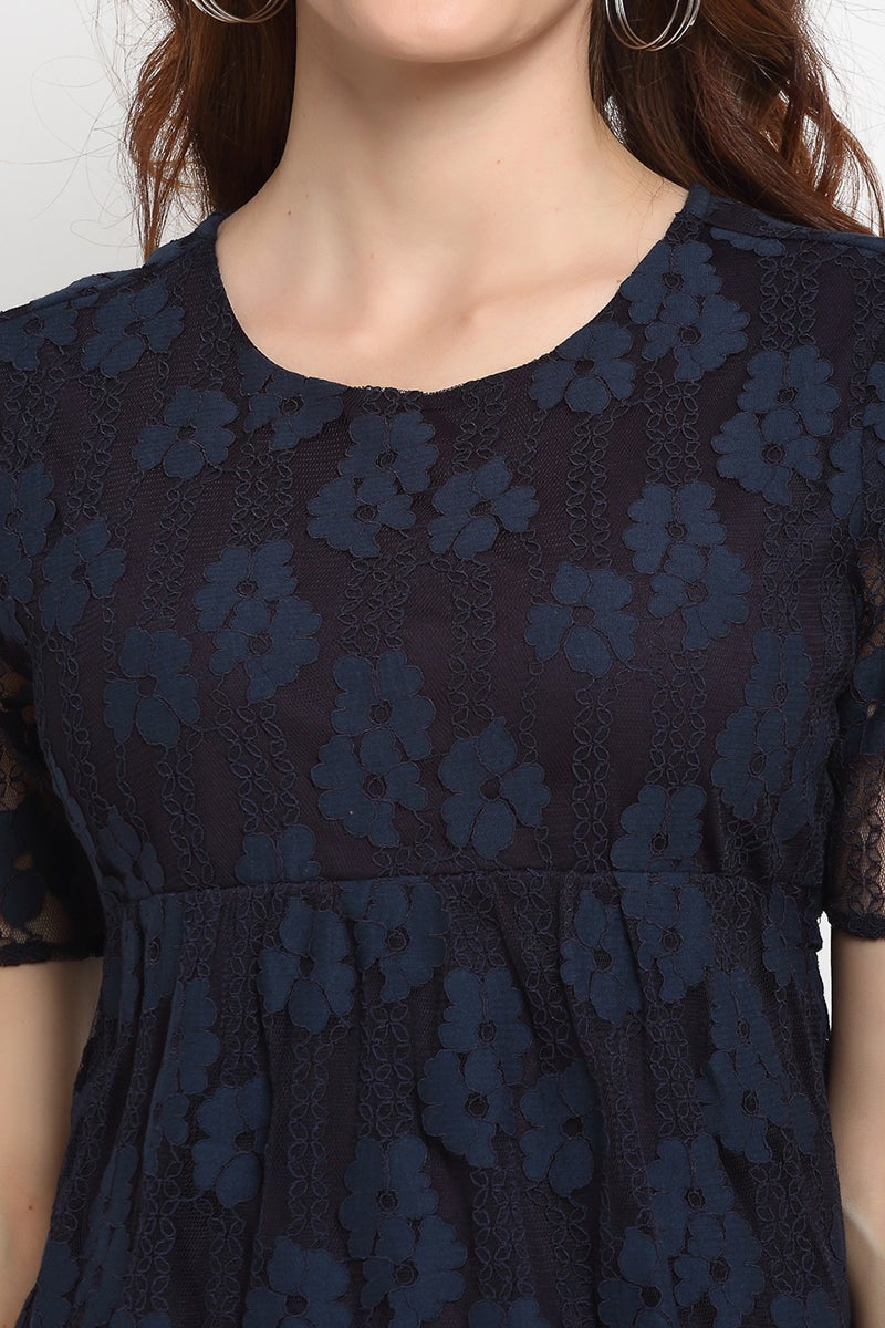 Navy Blue Medium Length Round Neck Polyester Blouse
