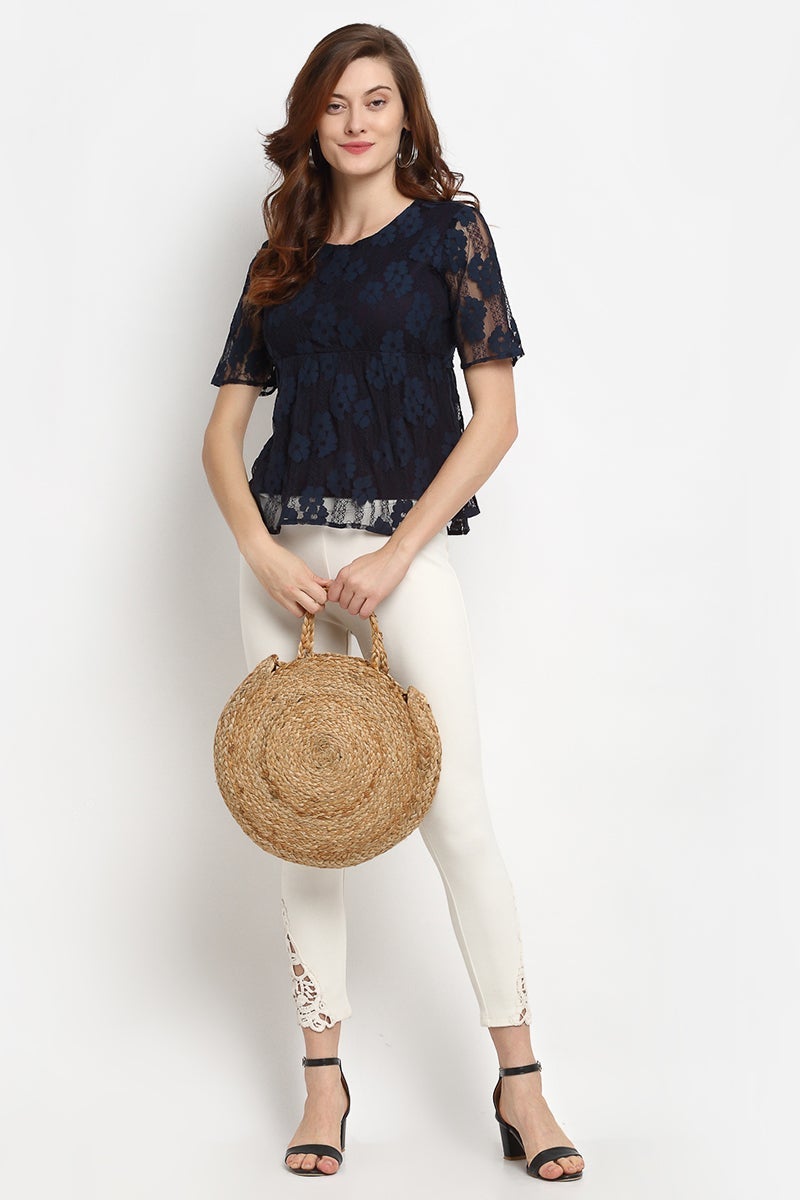 Navy Blue Medium Length Round Neck Polyester Blouse
