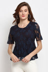 Navy Blue Medium Length Round Neck Polyester Blouse