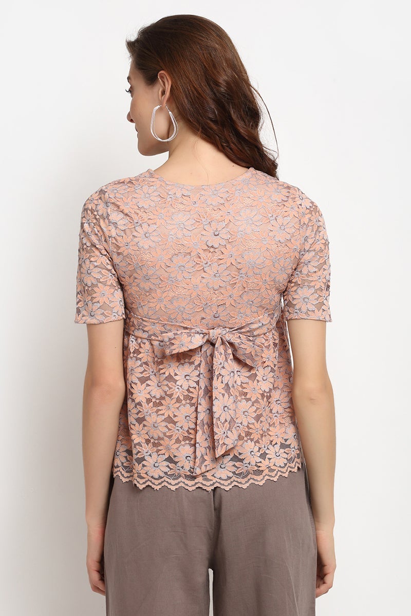 Peach Medium Length Round Neck Polyester Blouse