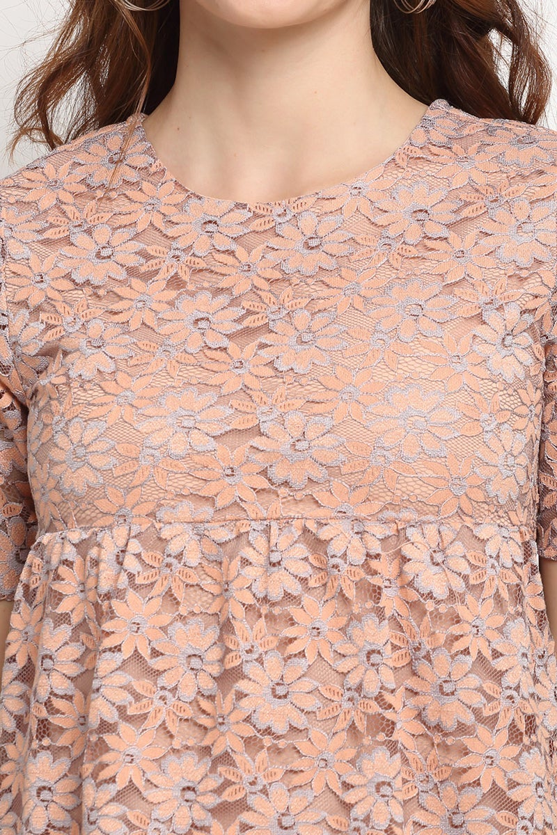Peach Medium Length Round Neck Polyester Blouse