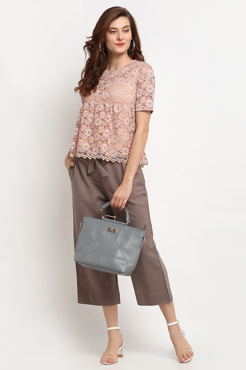 Peach Medium Length Round Neck Polyester Blouse