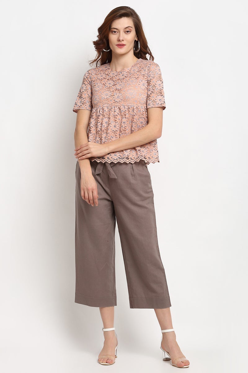 Peach Medium Length Round Neck Polyester Blouse