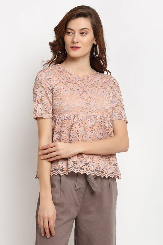 Peach Medium Length Round Neck Polyester Blouse