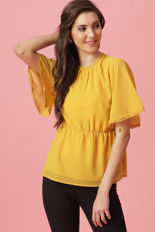 Gipsy Yellow Medium Length Round Neck Polyester Blouse
