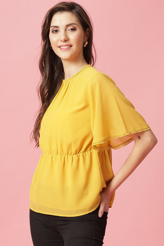 Gipsy Yellow Medium Length Round Neck Polyester Blouse