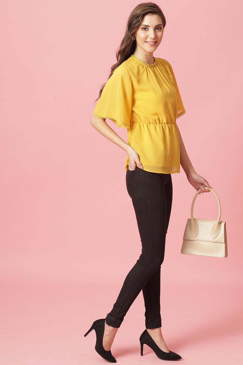 Gipsy Yellow Medium Length Round Neck Polyester Blouse