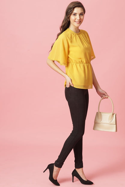 Gipsy Yellow Medium Length Round Neck Polyester Blouse