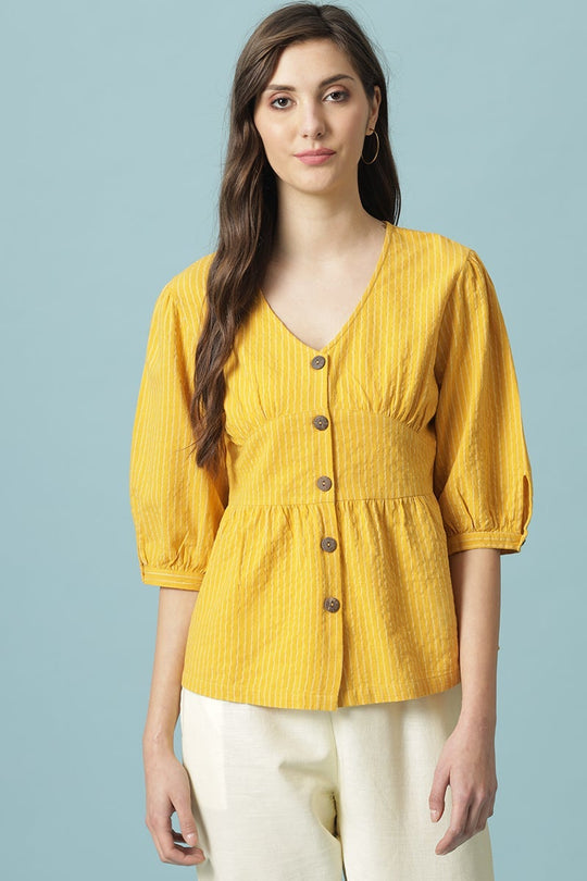 Gipsy Mustard Medium Length V-Neck Cotton Blouse