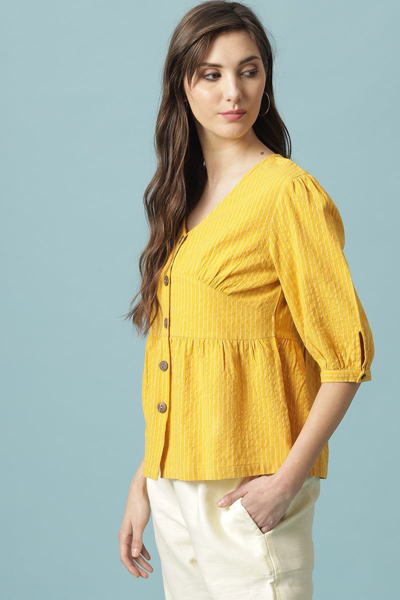 Gipsy Mustard Medium Length V-Neck Cotton Blouse