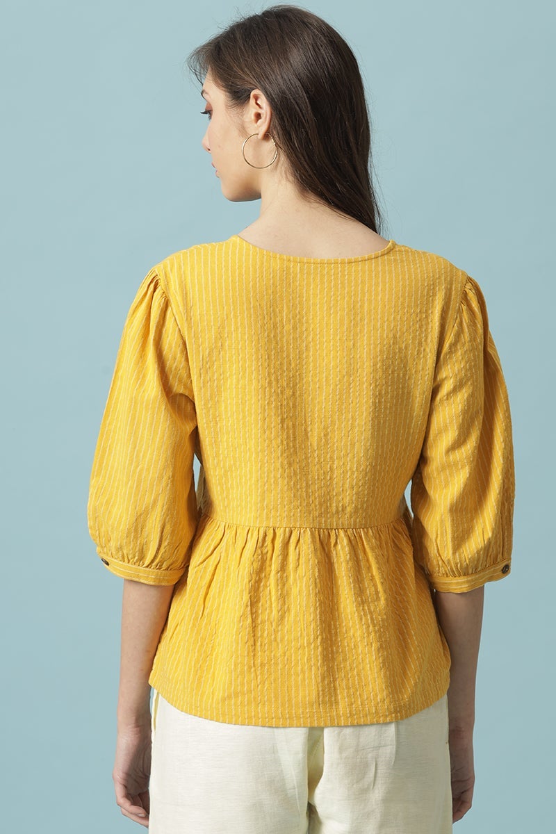 Gipsy Mustard Medium Length V-Neck Cotton Blouse