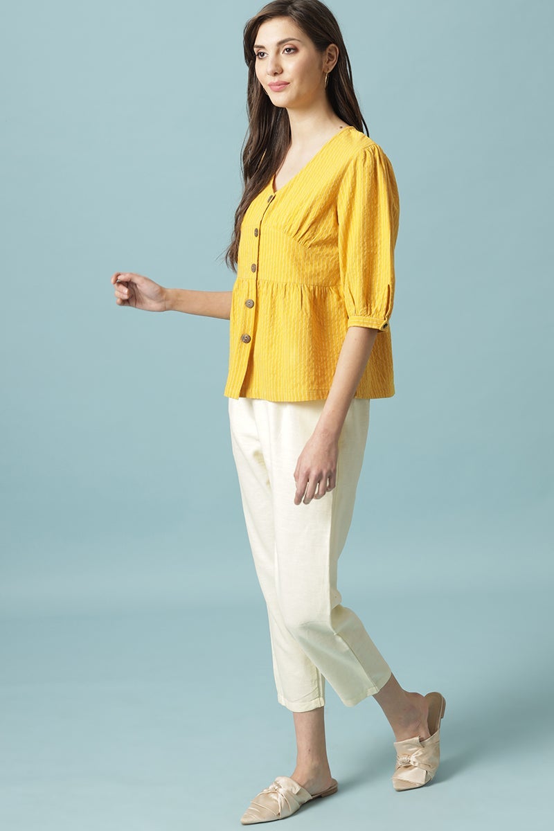 Gipsy Mustard Medium Length V-Neck Cotton Blouse