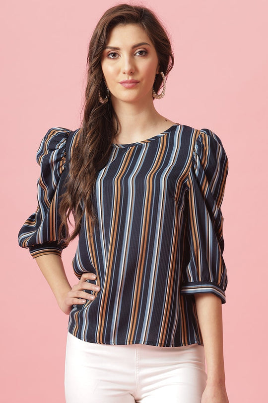 Gipsy Navy Medium Length Round Neck Polyester Blouse