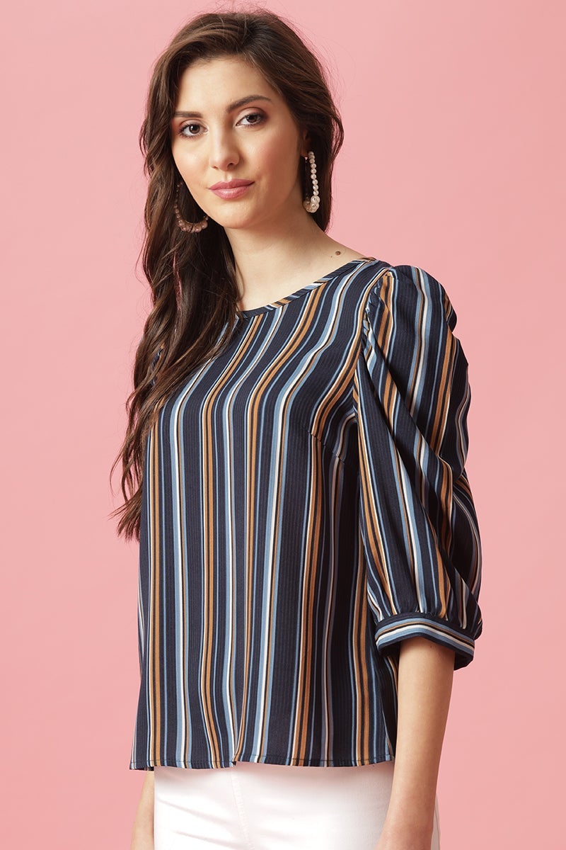 Gipsy Navy Medium Length Round Neck Polyester Blouse