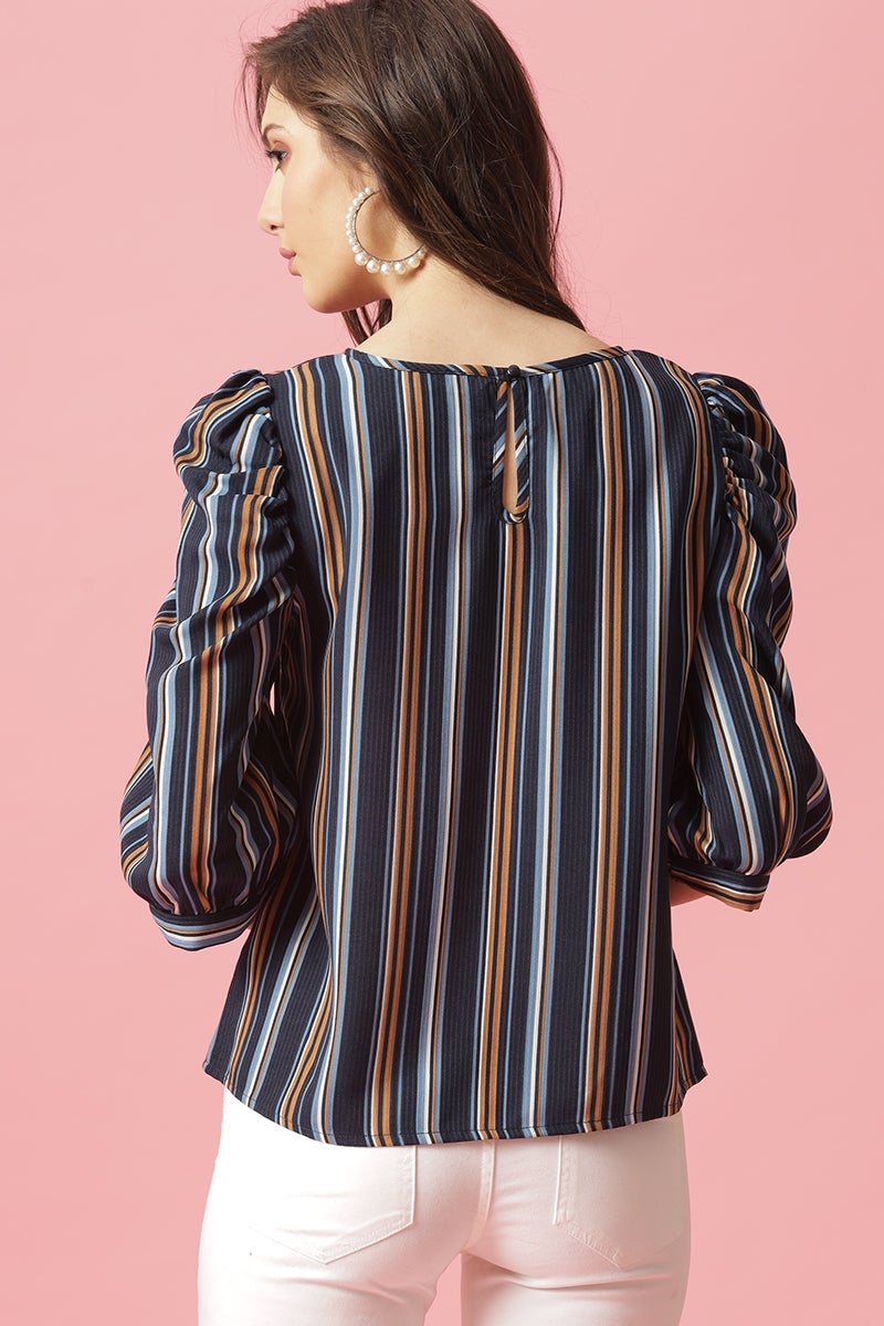 Gipsy Navy Medium Length Round Neck Polyester Blouse