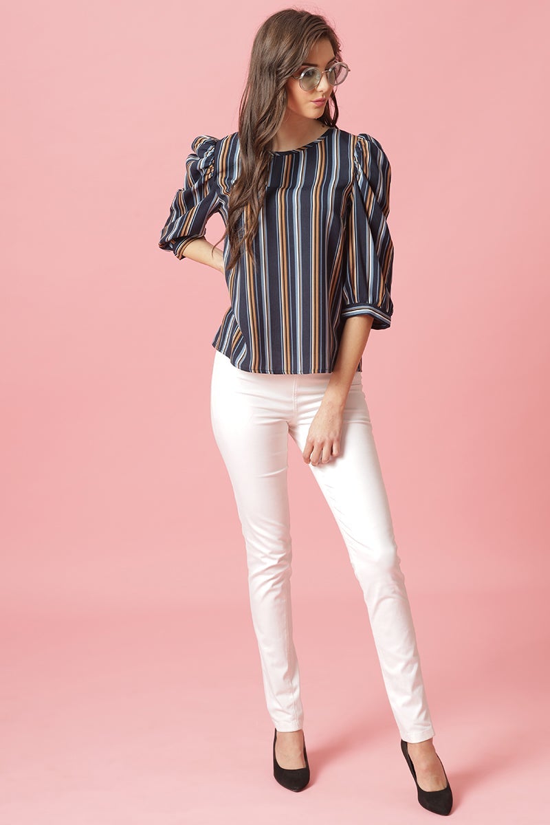 Gipsy Navy Medium Length Round Neck Polyester Blouse