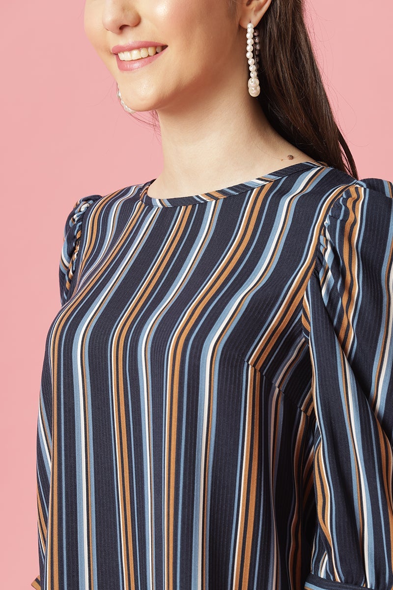 Gipsy Navy Medium Length Round Neck Polyester Blouse