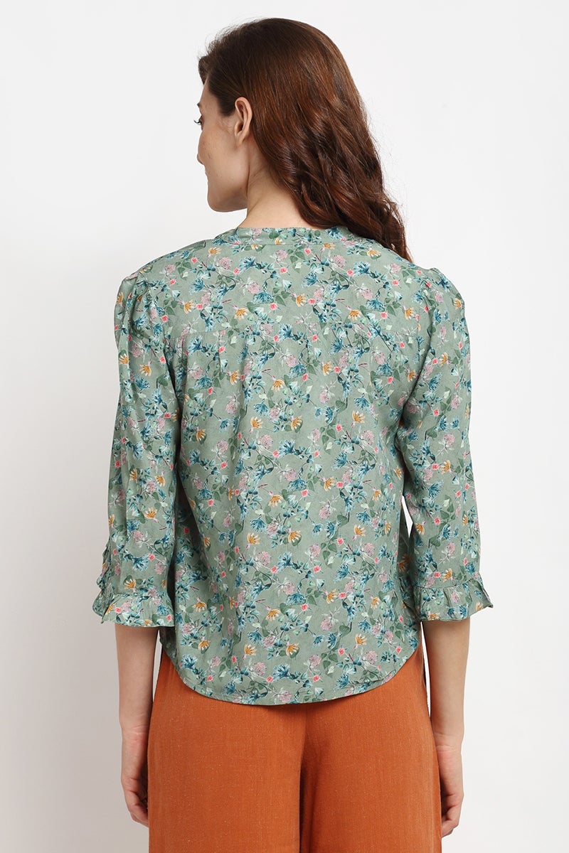 Green Medium Length V-Neck Rayon Blouse