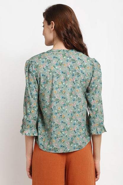 Green Medium Length V-Neck Rayon Blouse