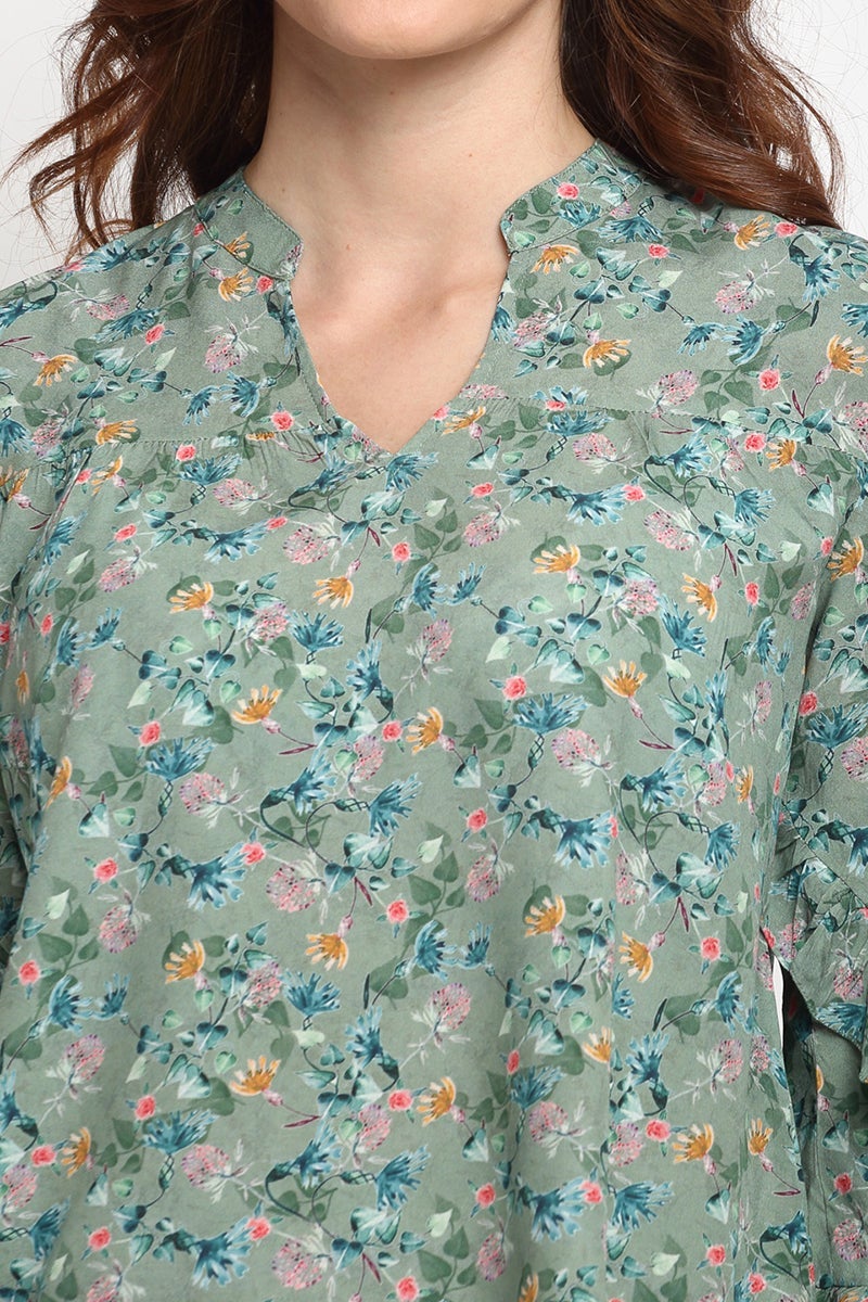 Green Medium Length V-Neck Rayon Blouse