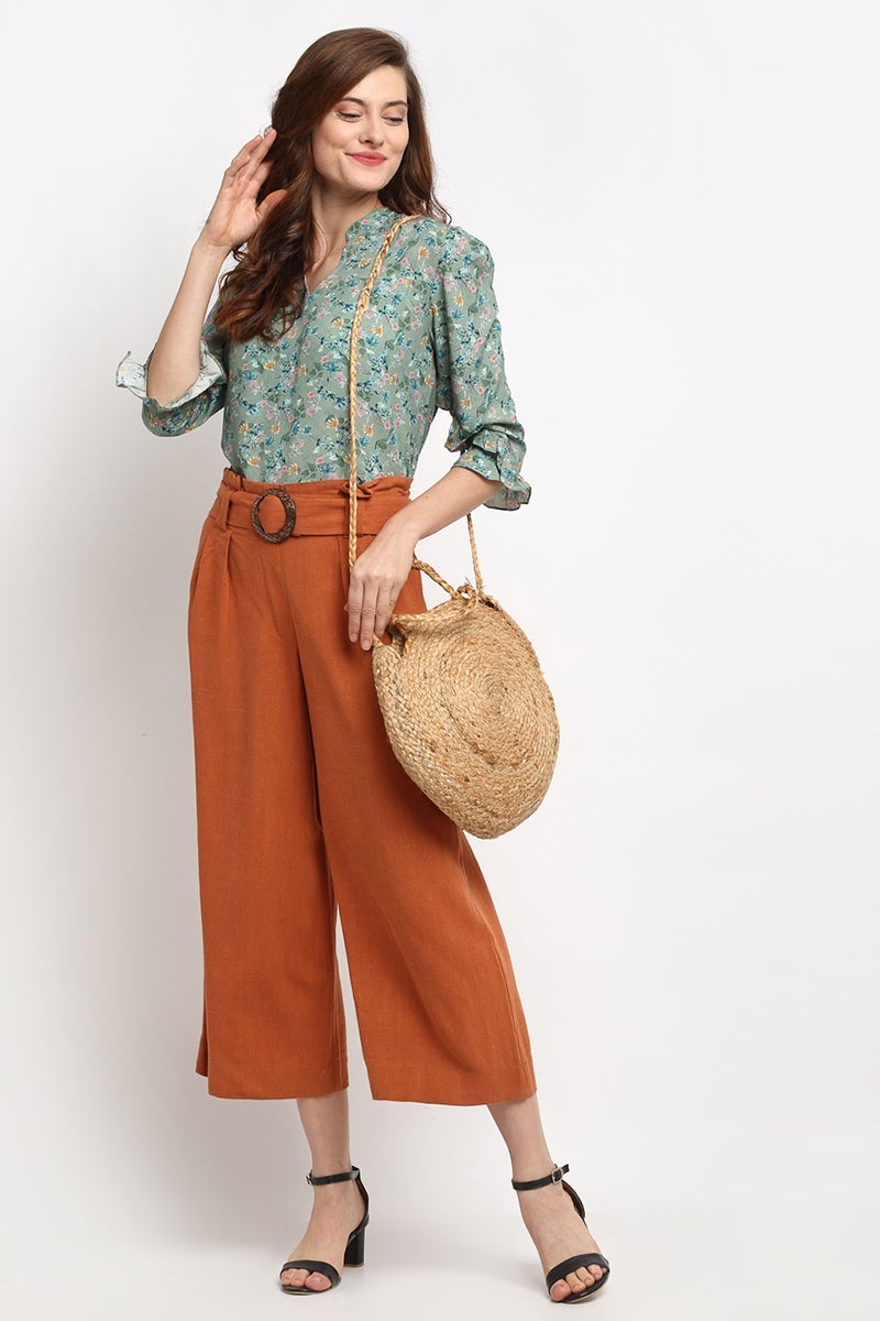 Green Medium Length V-Neck Rayon Blouse