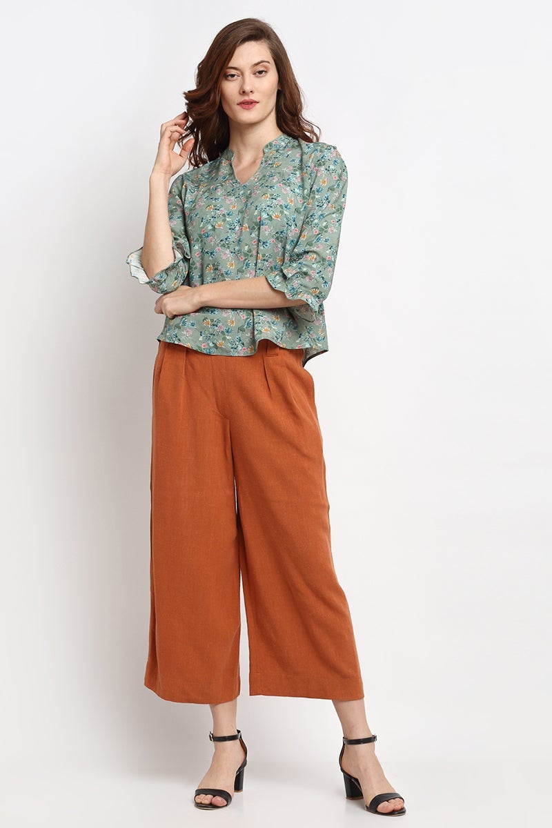 Green Medium Length V-Neck Rayon Blouse