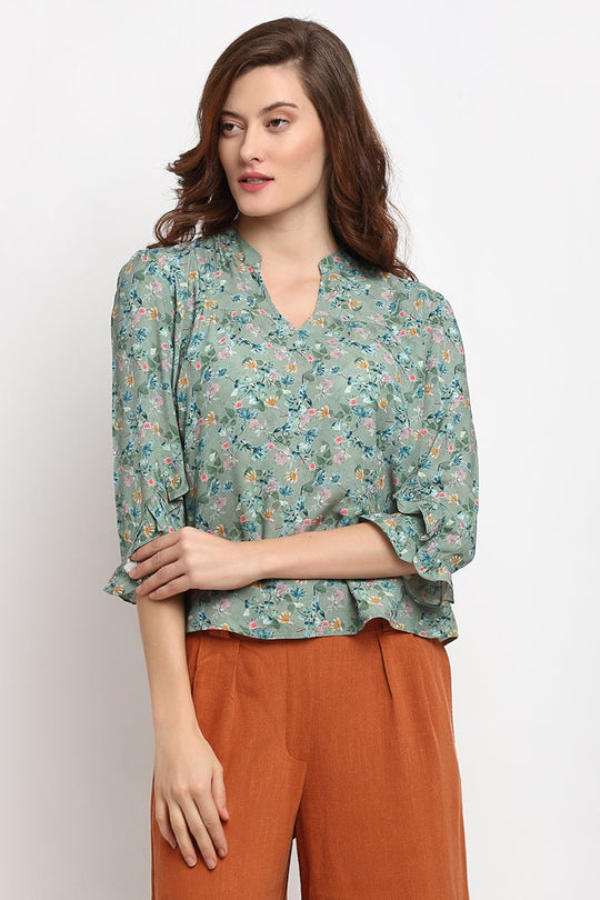 Green Medium Length V-Neck Rayon Blouse