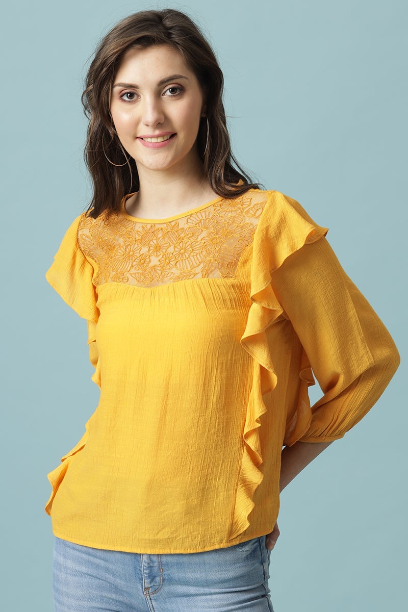 gipsy Gipsy Mustard Medium Length Round Neck Polyester Blouse