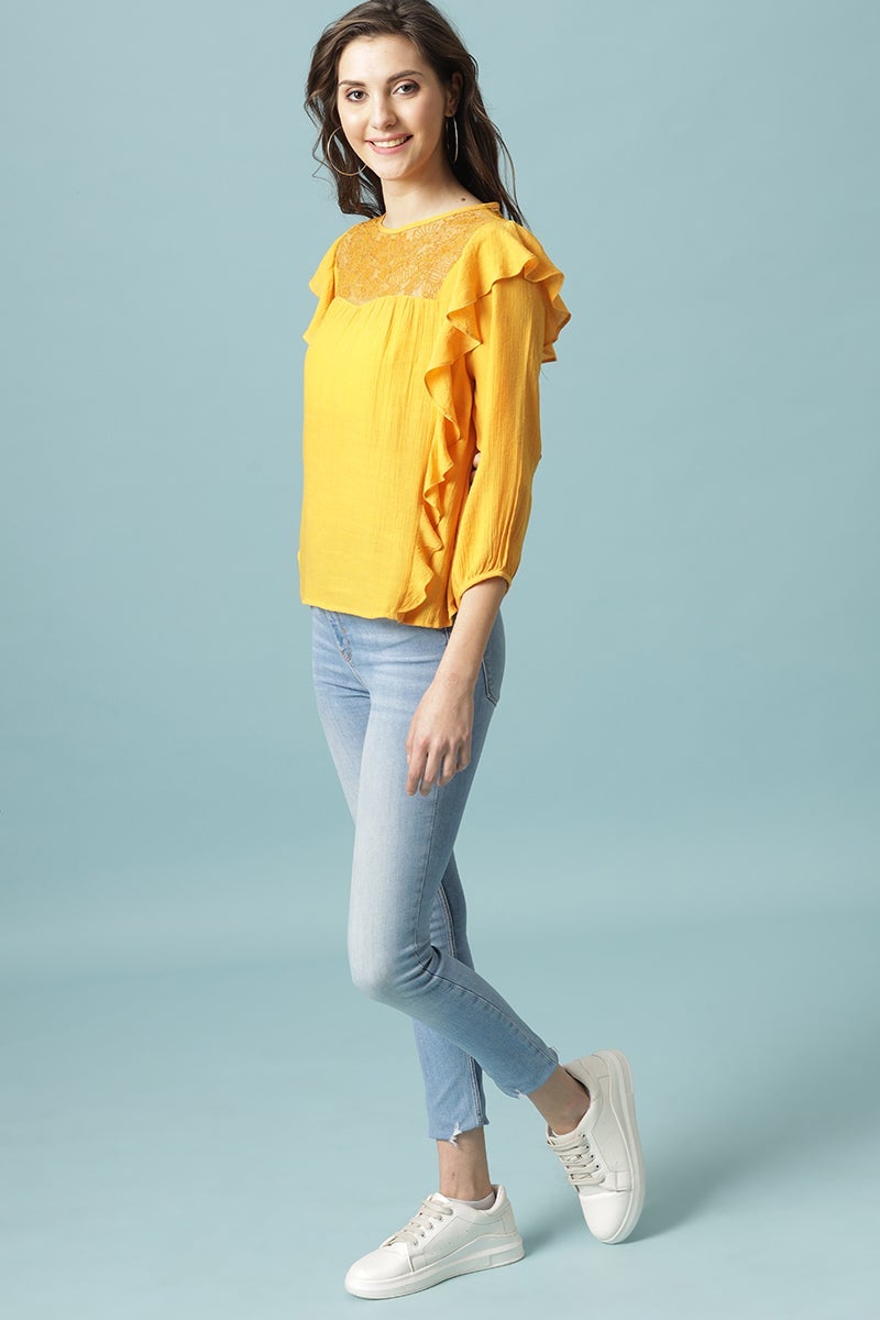 Gipsy Mustard Medium Length Round Neck Polyester Blouse