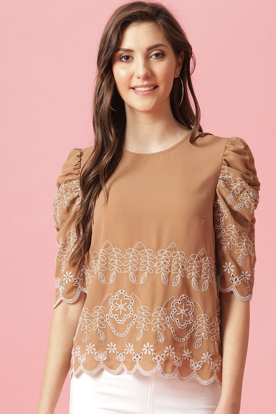 Gipsy Khaki Medium Length Round Neck Polyester Blouse