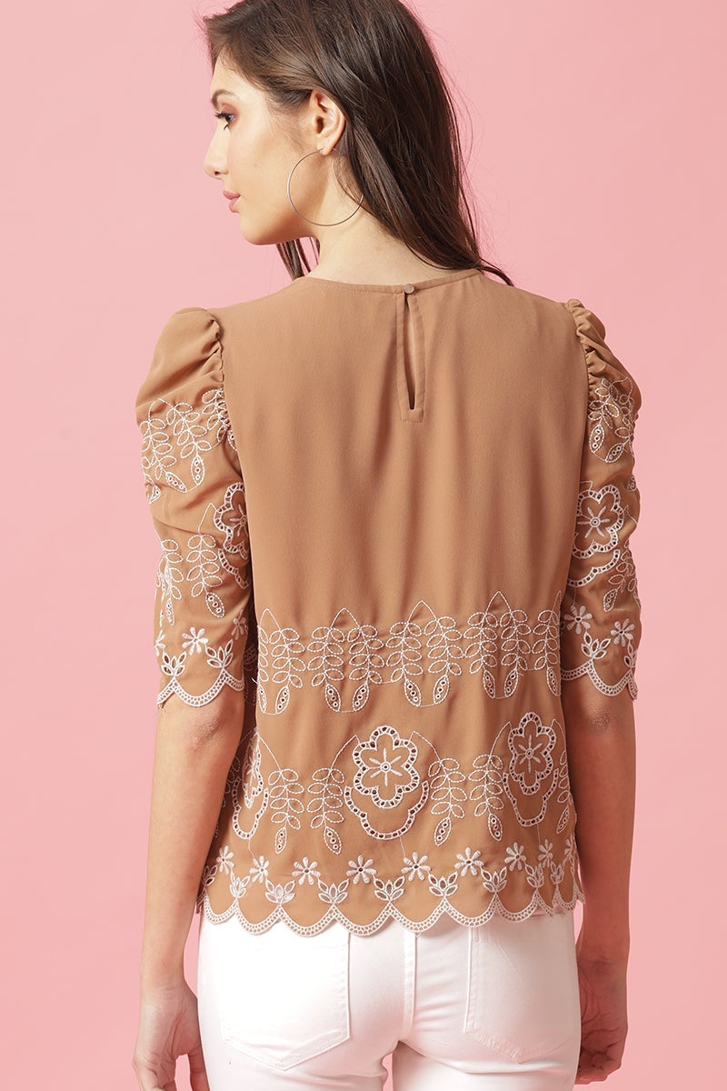 Gipsy Khaki Medium Length Round Neck Polyester Blouse