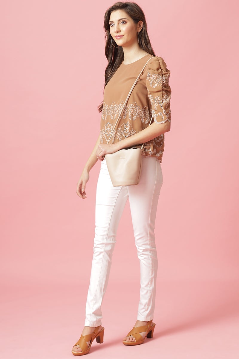 Gipsy Khaki Medium Length Round Neck Polyester Blouse