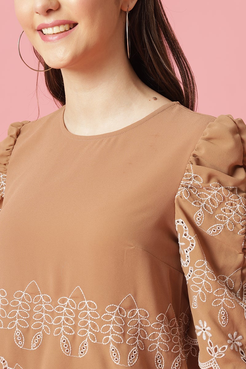 Gipsy Khaki Medium Length Round Neck Polyester Blouse