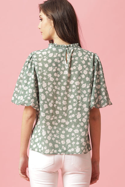Green Medium Length Choker Neck Polyester Blouse