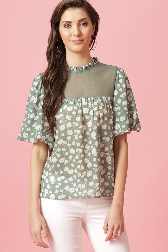 Green Medium Length Choker Neck Polyester Blouse