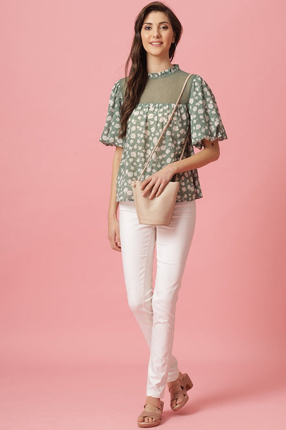 Green Medium Length Choker Neck Polyester Blouse