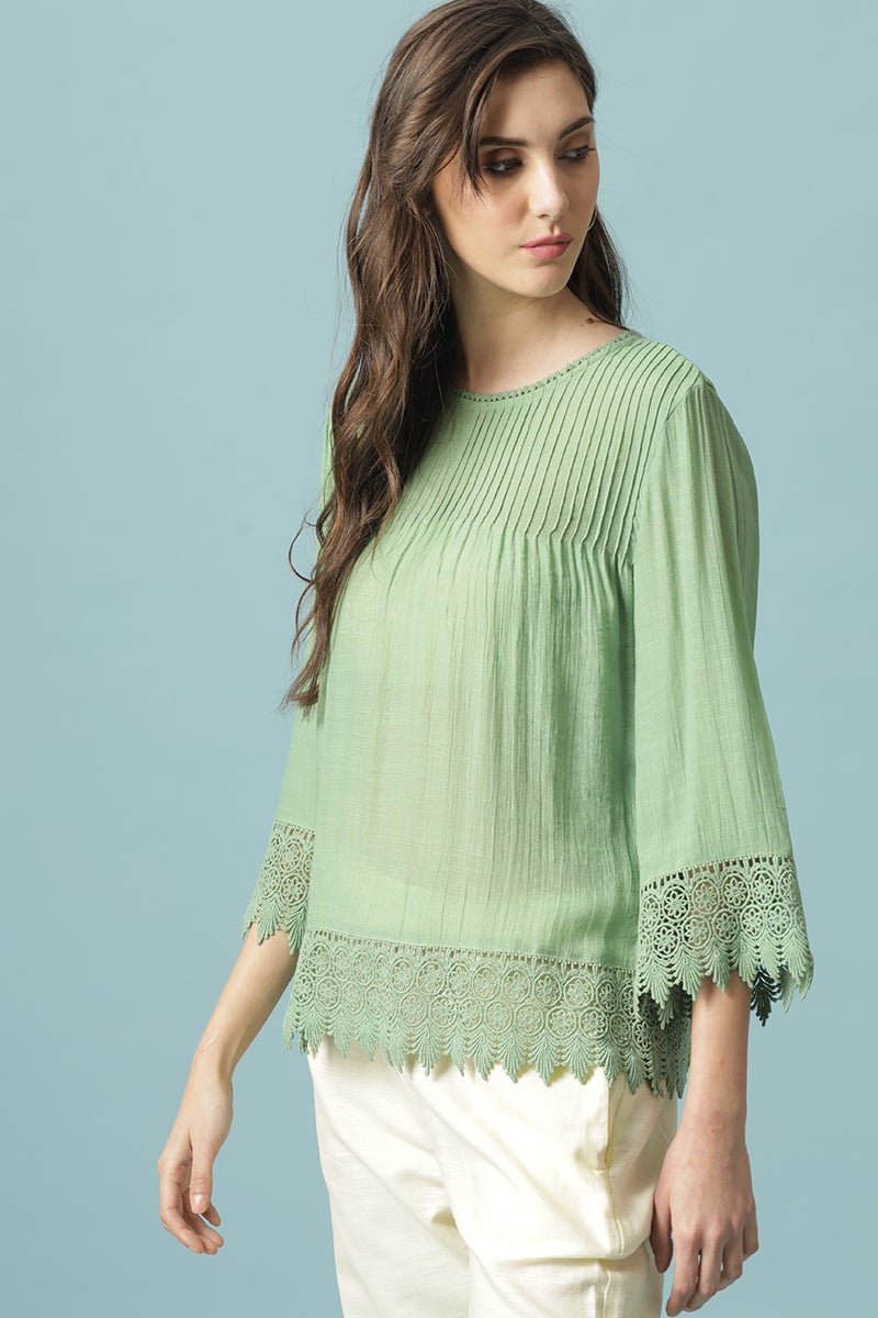 Gipsy Mint Green Medium Length V-Neck Polyester Blouse