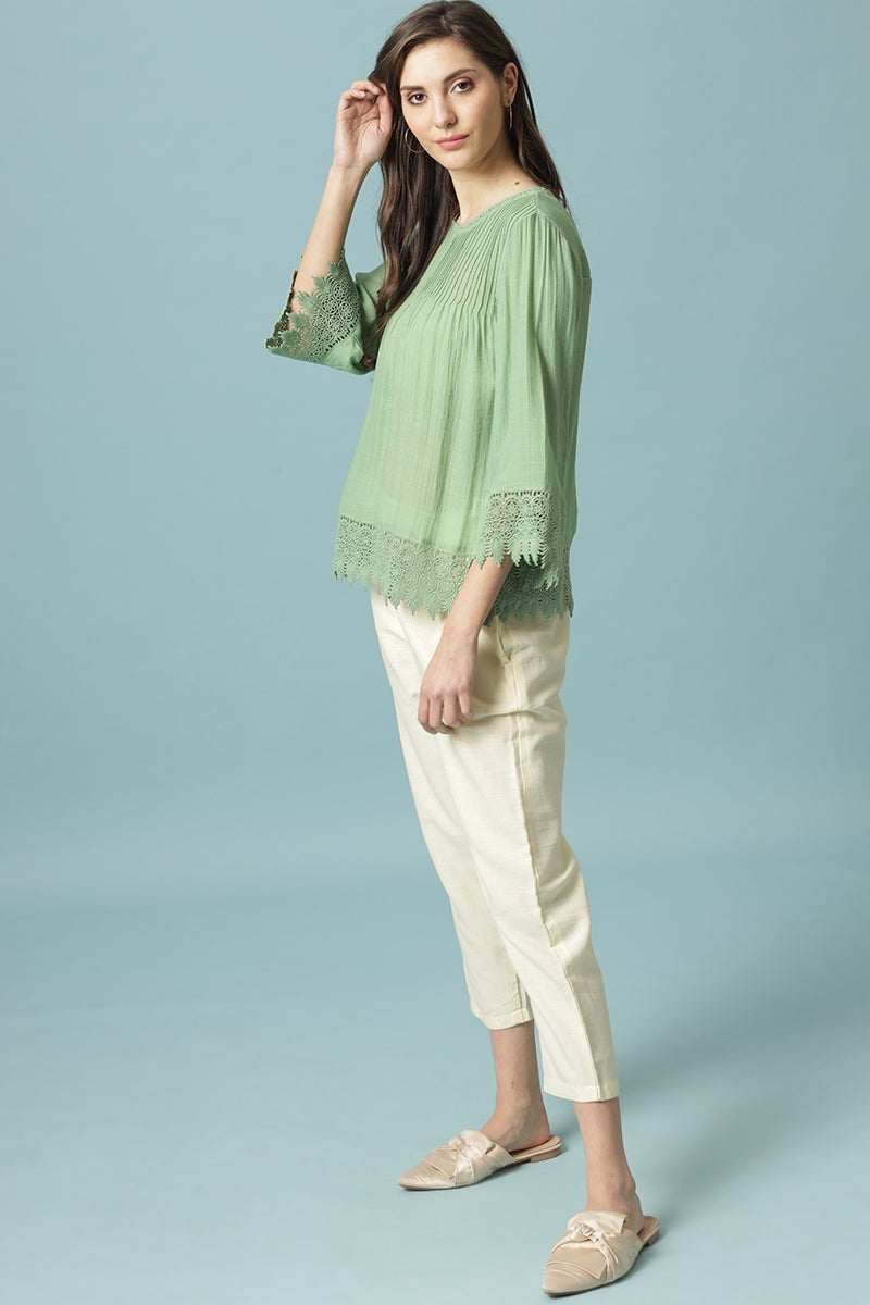 Gipsy Mint Green Medium Length V-Neck Polyester Blouse