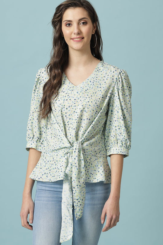 Gipsy Mint Green Medium Length V-Neck Polyester Blouse